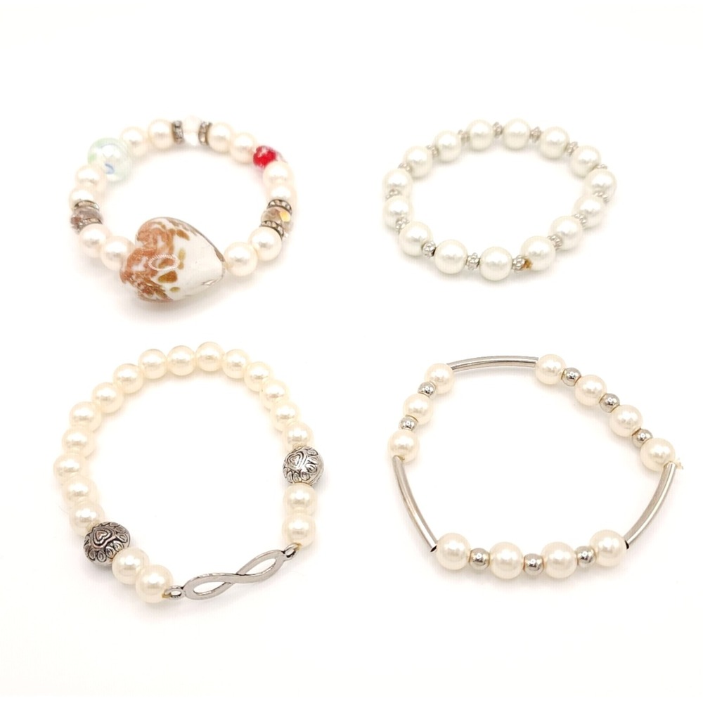 Set of 4 Faux Pearl‎ Stretch Bracelets White Beaded Stackable Jewelry